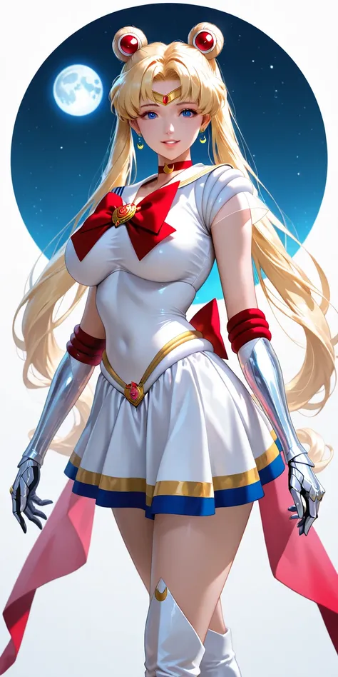 Masterpiece, newest, vibrant, very aesthetic, high contrast, mature woman, sailor moon\(sailor moon\), tall , big breast, white sailor senshi uniform (white sailor senshi uniform shirt, white sailor senshi uniform gauntlets, white sailor senshi uniform ski...