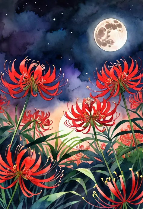 Red spider lily、たくさんのRed spider lily、night、moon、moonnight、 bright、 watercolor style