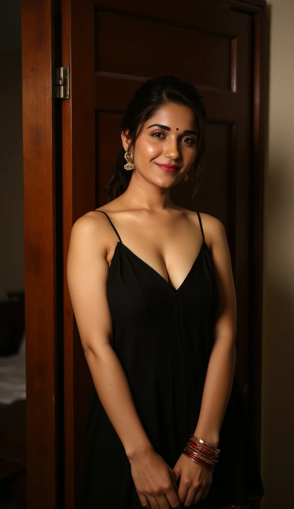 Ruhani Sharma a newly married bride, leaning against the wooden door frame of bedroom wearing a short black nighty, length to half of her thighs, her long black loose hair styled in a low chic bun nicely, big earrings, red rosy lips, bangles in both her ha...