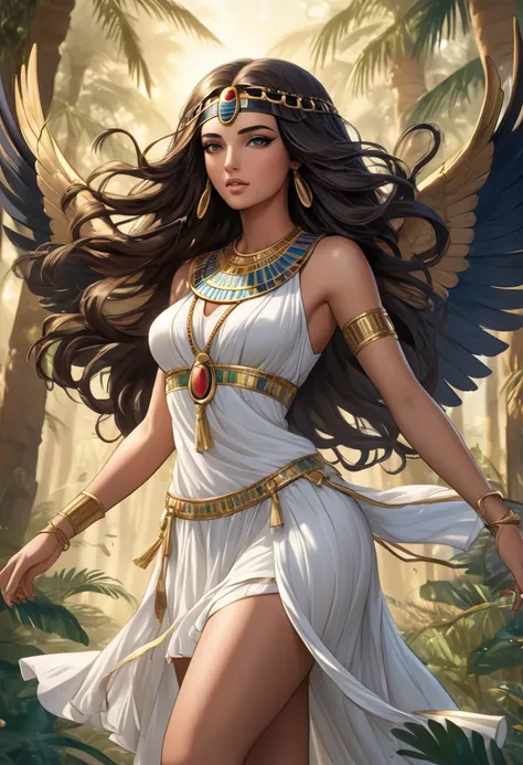 Hyper-detailed illustration of a beautiful brunette Egyptian goddess Isis, long messy hair, short white dress with pleated skirt, golden details on the edges of the dress, gladiator style sandals, wearing a golden Egyptian pendant around her neck and an Eg...