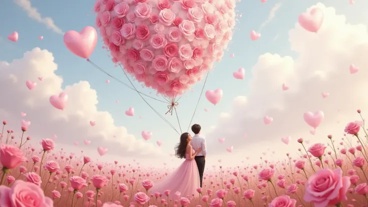 Two people are standing in a pink balloon field,  Yanjun Cheng inspired painting ,  is popular in the CG society , new, Romantic Couple , Cute couple, Romantic style, Fan Art, Romantic painting ,  Antique style art , 1 for February ), high quality Fan Art,...