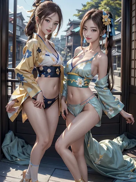 ( full body view:1.3)、( back view:1.4)、(Beautiful lips, cheeks and skin:1.4)、(Beautiful courtesan:1.4)、( shows teeth and laughs:1.3),(Shibuya Gal:1.5)、(Wearing luxurious sunny clothes :1.5)、(Yellow, blue, dark green, and black flower kimono:1.5)、( delicate...