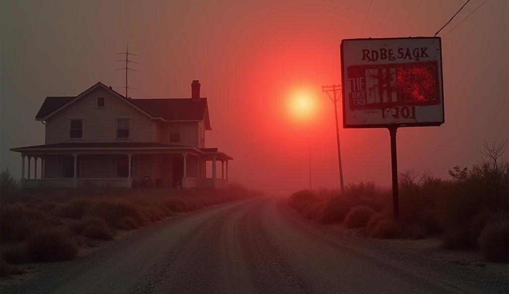 in a horror film atmosphere
at the end of the world
with the sun setting
in a fog
red 
in a Californian Desert
with an abandoned road
at the bottom on the left side an old house

with a large sign with writing
on the sign
red in a white background
ARNAUD2K...