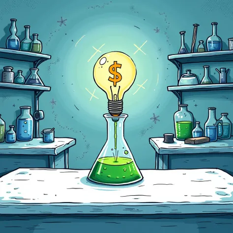 Laboratory blue style background, there is a flask with green contents on the white table and a yellow dollar icon in the middle of the bulb, and it's all in a drawn form