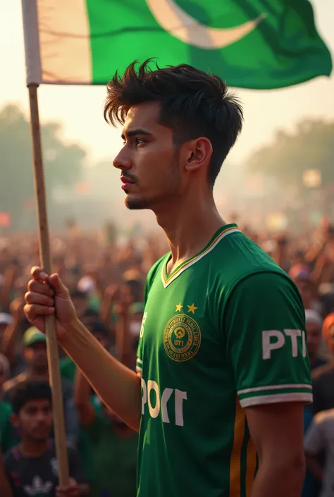 Im 20 years boy wearing a pti jersey named haider and watching a crewod a pti flag pti on my hand