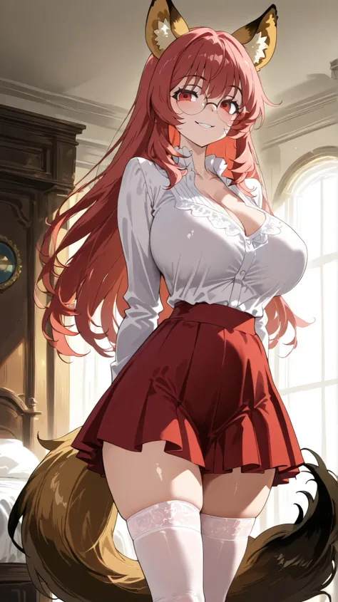 An anime-style masterpiece. 1 Fille, red and long hair with highly detailed pointed fox ears, tresse Bohème, With a half-open white blouse and a red skirt . big breasts, A big hairy fox tail sticking out from under her skirt.  Long legs with big white red ...