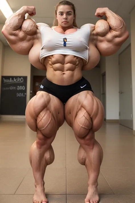 German, Elementary school girl , Full body photo in flip flops,  huge muscle growth sequences from a girl from thin and thin to a gigantic bodybuilder with hyper huge muscles and huge veins,  gigantic muscles , growth hormone ,  dressed in t-shirt and shor...