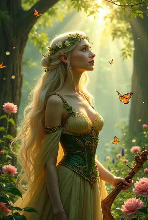 A majestic forest elf bard, her skin glowing with a soft jade-green hue (like sunlight filtering through leaves), stares contemplatively at the sky, her piercing emerald eyes (with flecks of gold) reflecting the golden sunlight. Her impossibly long, platin...