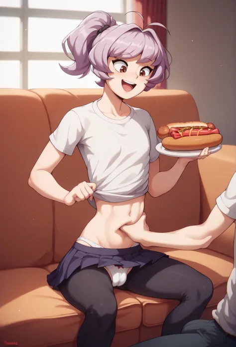 ( masterpiece),  the best quality,  High resolution , 0sananaj1m1 , 1 woman,  small breasts,  purple hair,  short hair,  brown eyes, casual skirt,  pleated skirt ,  in a living room,  large penis lump , 1 eyes ,  Casual shirt ,  casual pants young boy's bo...