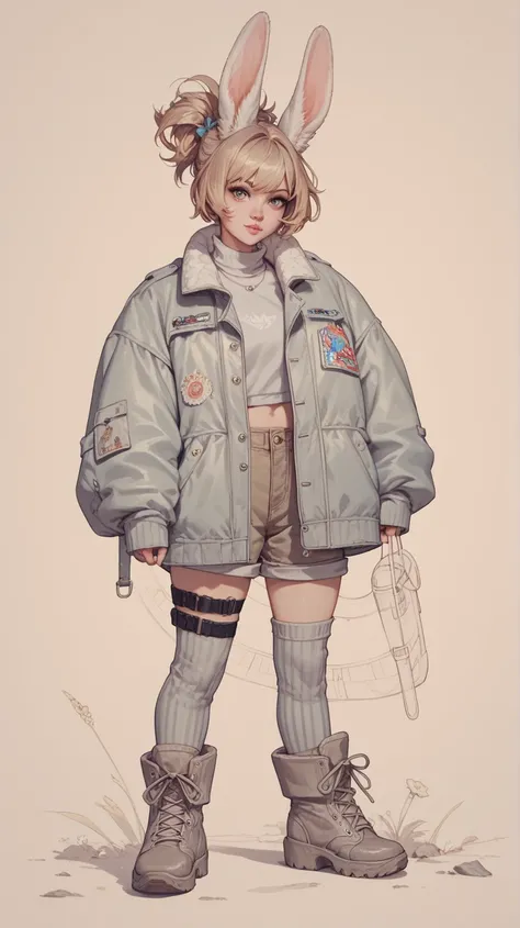 character,  1 girl,  short hair,  big jacket , shorts,  BIG BOOTS , long ears,  in detail,  realistically 