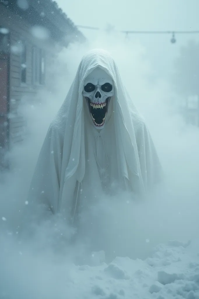 A mysterious white figure with crazy eyes and an unsettling smile in a snowstorm, nightmare, dreamlike, highest detail, highest definition, highest quality 