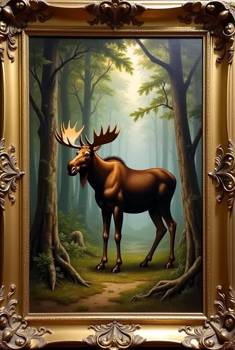 Rectangular picture frame in baroque style shown in landscape orientation. Contains oil painting of Male moose in Forrest. Painting in 1600s Classic style.