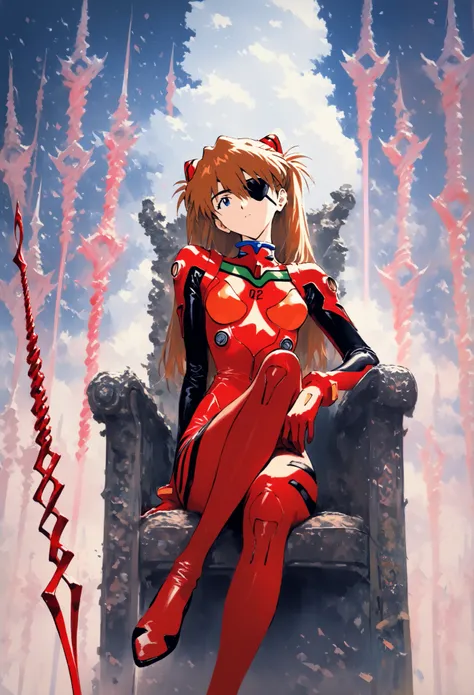  1 girl,  Soryu Asuka Langley , neon genesis  Evangelion,   sensitive, Alone, Eye patch,  red plug suit,  sits on the throne,  cross your legs ,  head tilt,  with weapons , Lance of Longinus \( Evangelion\), cowboy shot,  depth synthesis, Imitation Traditi...