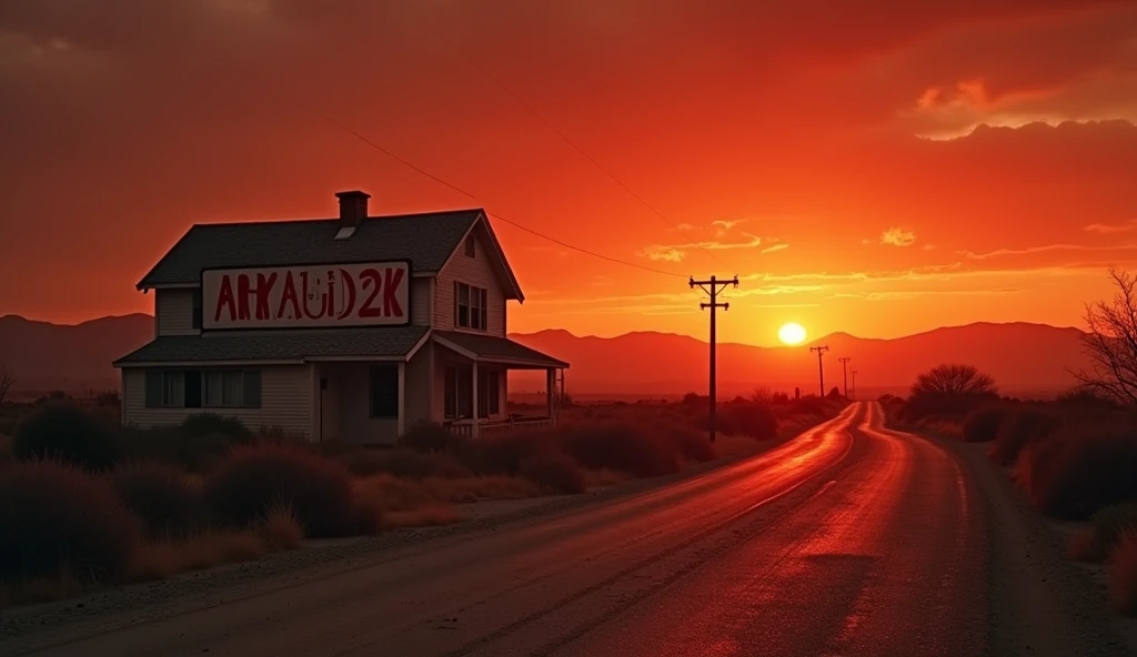 in a horror film atmosphere
at the end of the world
with the sun setting
in a Californian Desert
with an abandoned road
at the bottom on the left side an old house

with a large sign with writing
on the sign
red in a white background

-ARNAUD2K-
THE LAST H...