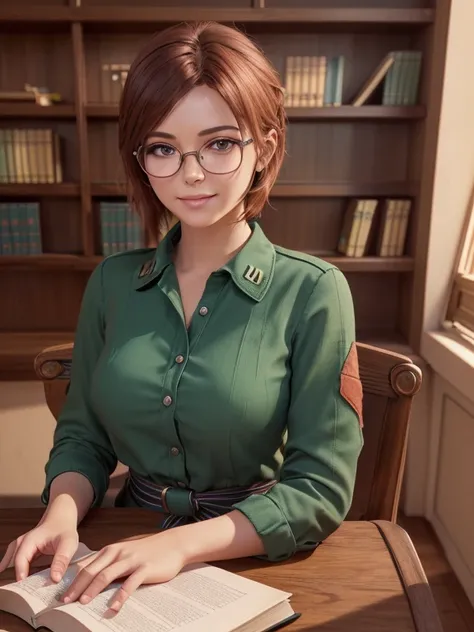  close-up,  upper body . Short,  red hair , ( green eyes:1.2), ( diopter glasses with metal frames:1.2), ( green shirt with buttons:1.2),  smiling girl  (sitting at a desk at the bookcase war:1.8). ( Masterpiece ,  top quality,  best quality ,  official ar...