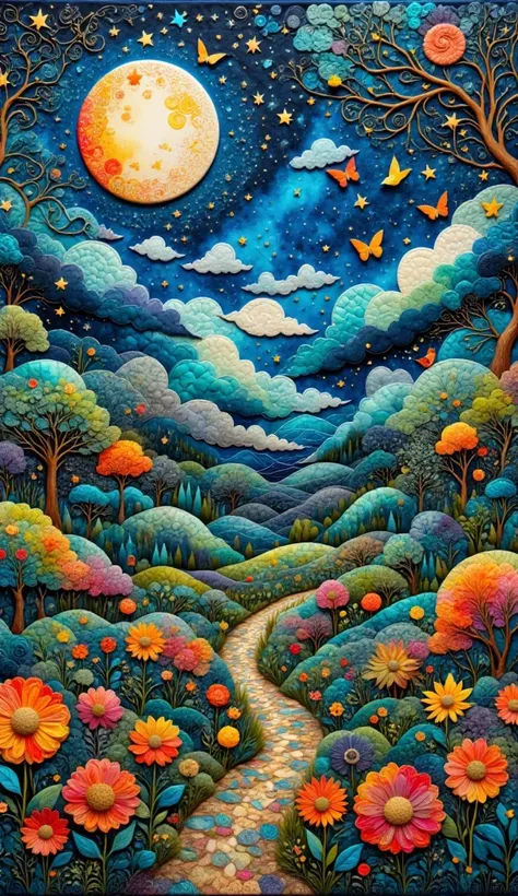 A masterpiece, the best composition, the best quality, the world of patchwork quilts, handmade style, painting of a Elf in a garden with flowers and butterflies, trees and flowers, flowers and trees, psychedelic flowers and trees, whimsical forest, large c...