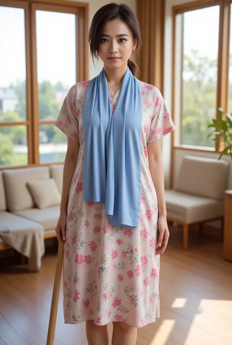 A beautiful indonesian woman, a bit chubby, tied hair, wearing inticate pattern daster, mopping the floor at the living room, bright morning, look at the viewer, natural light, with plain blue towel draped around her neck 