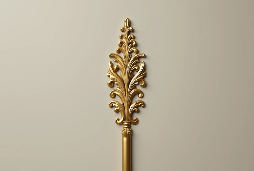 Straight gilded rod with Leaf pattern in baroque style shown in vertical orientation.