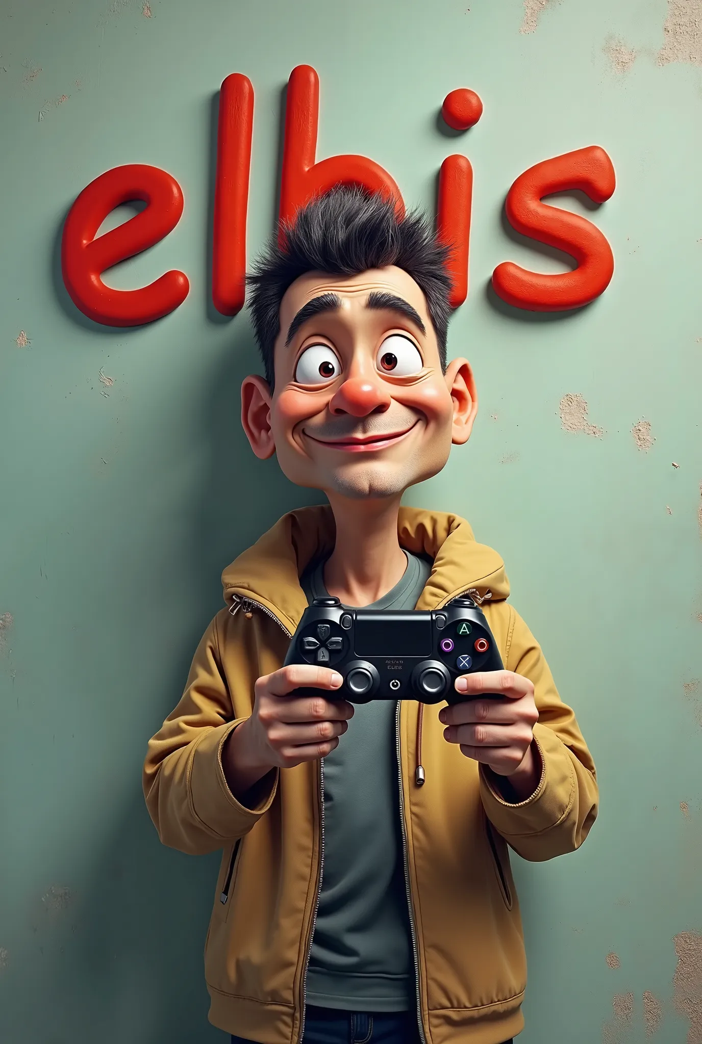 A goofy turk holding a game arm in his hand on a wall with the words ELBIS in the background