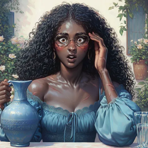 African Female. thin. Black skin.  long hair.  curly hair. Wearing an antique blue dress . in the garden. blushed. surprise.  looking at me . . blushed.  holding a water jug and glasses.  scars on the body 