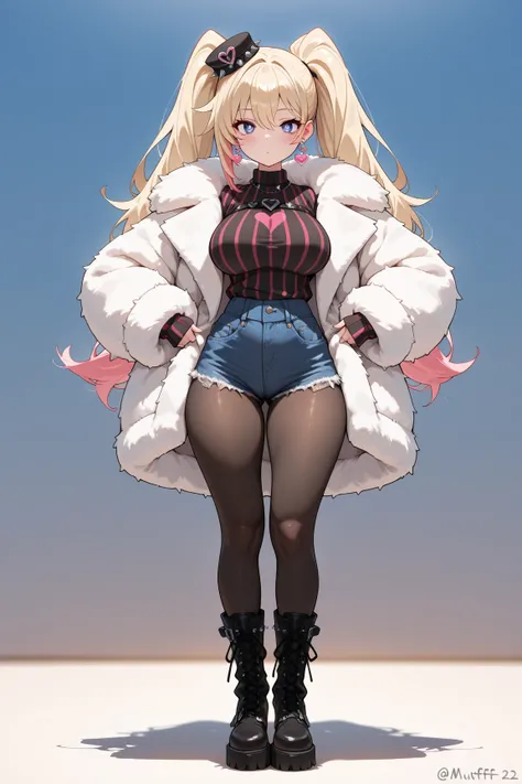 (masterpiece, best quality, amazing quality, very aesthetic, absurdres, ultra-detailed, newest, good anatomy), (1girl, punk_rabbit_girl:1.2, blond hair, (Intricate:1.3\Mini Hat\Chocolate Brown:1.2, BREAK Intricate:1.3\Vertical striped sweater, fur coat, ho...