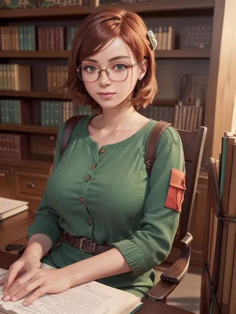  close-up,  upper body . Short,  red hair , ( green eyes:1.2), ( diopter glasses with metal frames:1.2), ( green shirt with buttons:1.2),  large second-size breast,  smiling girl  (sitting at a desk at the bookcase war:1.8). ( Masterpiece ,  top quality,  ...