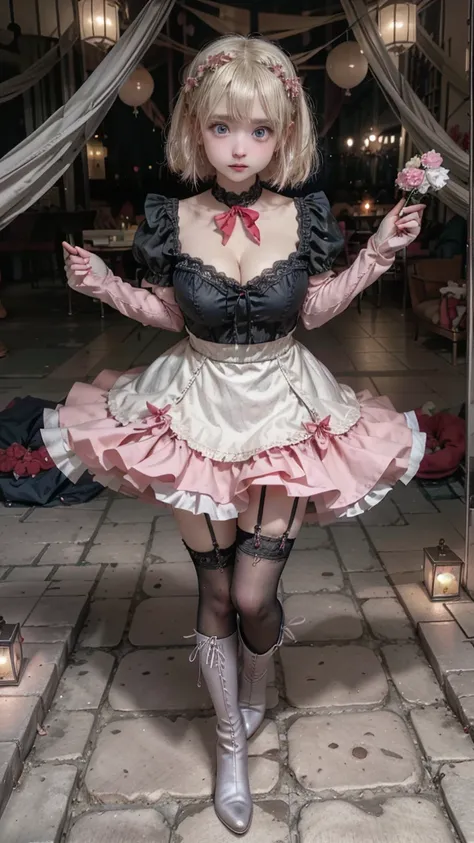  Gothic Lolita、 platinum blonde hair、 short bob、round face、 Dark Blue Eyes 、 big eyes、Droopy eyes、 pink 、 Luxurious Pink and Red Dress、 Light Purple Lace Arm Covers 、 garter belt、 red ribbon、Gold and Silver Jewelry Decorations 、 White Lace Braided Stocking...