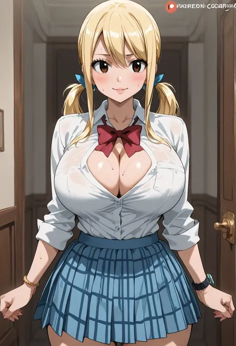 Lucy Heartfilia from the anime Fairy Tail with big boobs and wearing a gyaru-style school uniform with the buttons on her shirt almost bursting because of the size of her breasts and looking naughty and sweating