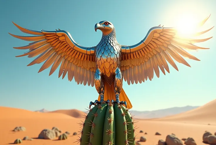 A realistic photo-like image of a sturdy metallic eagle standing on a green cactus, In the desert on a very sunny day 