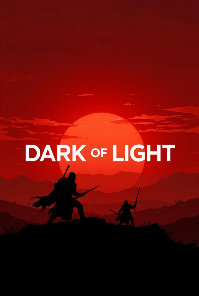 I want a panel where the text will be right in the middle of the image, where the background will be a red setting sun, while two warriors are seen fighting small and small on the horizon in front of the sun. Our name will be DARK OF LIGHT right in the mid...