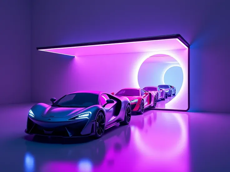 The scene shows a floating laptop with a sleek, metallic design, emitting a neon glow in shades of purple and white. A three-dimensional portal emerges from the screen, from which luxury sports cars are emerging as if crossing into the real world. The vehi...