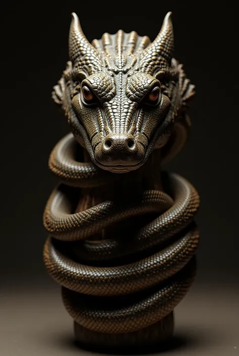 Face mask of an ancient egyptian crocodile on top of the head and a snake surrounding it in a realistic way