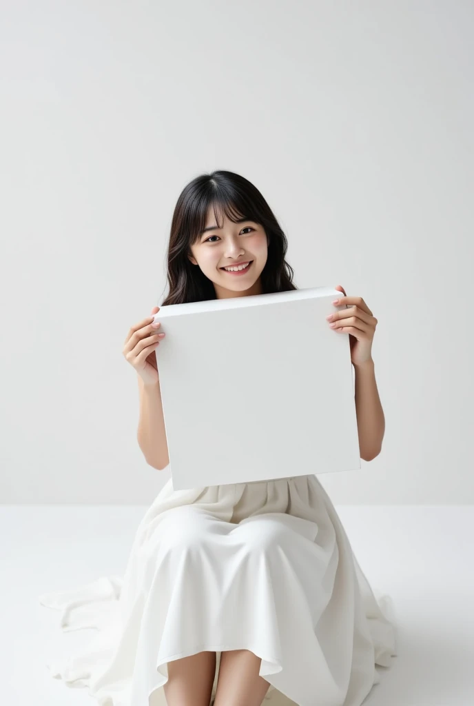  plain background 、White Studio、Woman holding a large white cube from behind、The woman is wearing a white dress、The woman is sitting and laughing、 high detail,  smile, 