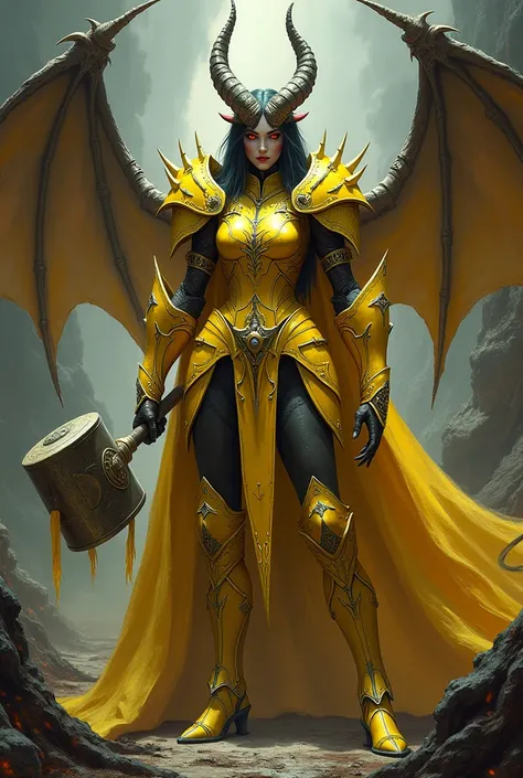 A female demonic knight with mostly yellow armor, wielding a large war hammer. She embodies the power of the deadly sin, greed.