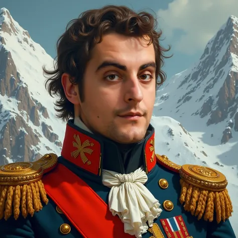 Can you picture the person in this photo in a similar way to the portrait of Napoleon as he crossed the famous Alps? Make the uniform look like Napoleon's, just paint it in accordance with this face. Get the picture in 4k format and quite detailed. 