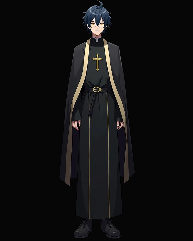  anime style illustration,  has a black background, whole body, Leather shoes, Christian vestments, Sacred vestments are black and white, Man in his 20s with dark dark blue hair, Eyes are golden, The eyes are narrow,  Smiling, No belt , Both hands are visi...