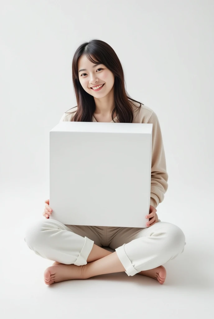  plain background 、White Studio、Woman holding a large white cube from behind、The woman is sitting with her legs open and smiling、 high detail,  smile, 