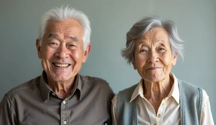 A side-by-side photorealistic comparison of two elderly individuals around 75-85 years old. One appears strong, healthy, and happy, with a bright smile and good posture. The other looks frail, tired, and slightly hunched. The lighting subtly enhances the c...