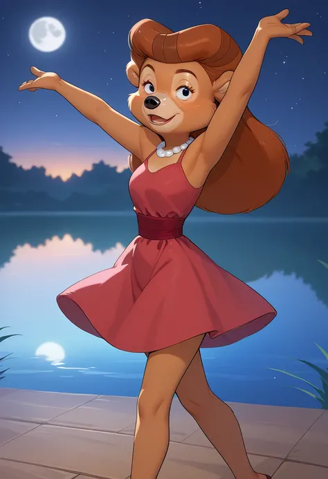 score_9, score_8_up, score_7_up, rating_safe, source_furry, solo, one girl, one person, rebecca cunningham, anthro, bear, brown hair, night, clear sky, moon, lake, stars in the night sky, red night dress, jewelry, shy look, moon reflection, moon light, dan...