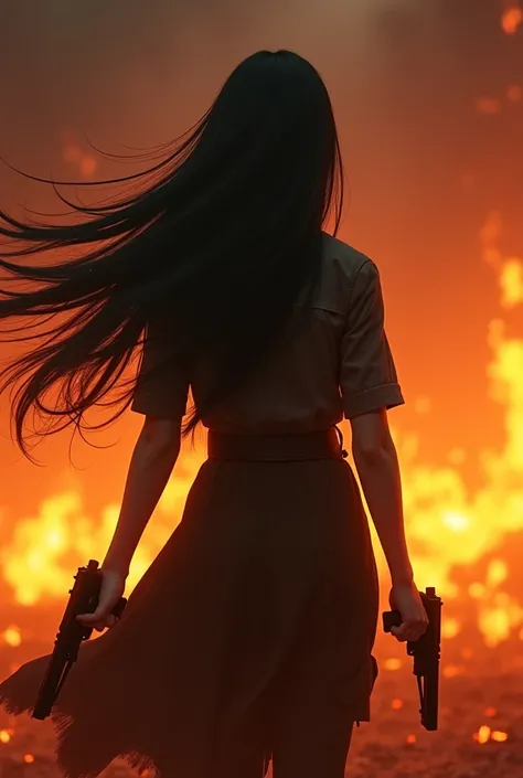 A girl in the middle of a fire .  with a gun in her hand and long black hair,  with a black appearance ,  back 