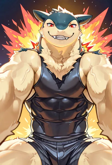 Solo, male typhlosion (fluffy fur, lean body, anthropomorphic typhlosion, tall, dominant, muscular, smiling), accurate anatomy, typhlosion looking at viewer seducticely, on top of viewer, low pov, viewer is a human, clothed, sharp fangs