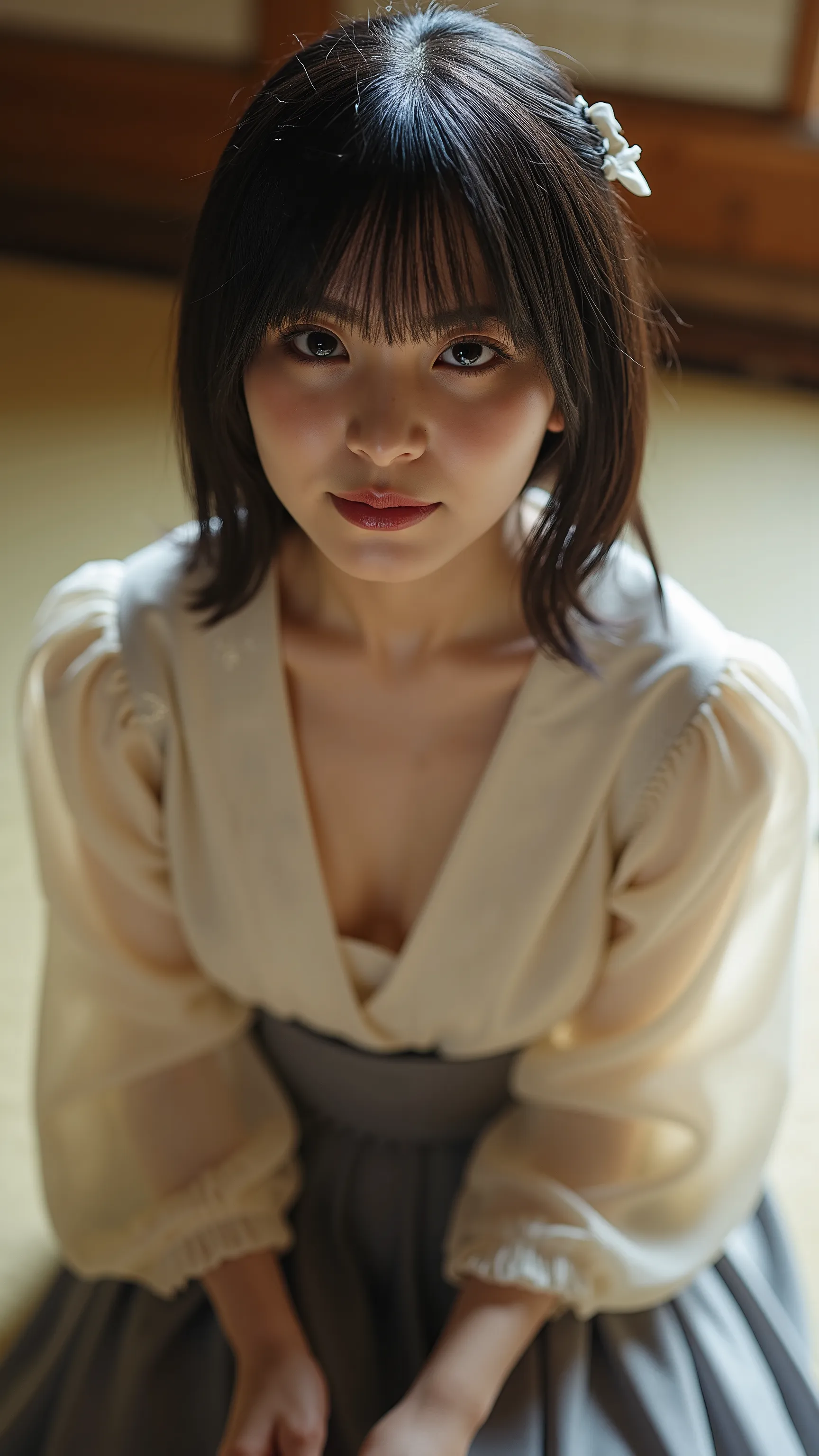 A high resolution photograph of a Japanese young woman, 8k,masterpiece,best quality, detailed description, photo-realistic, Intricate details, natural lighting, 1girl, Riko, black hair, open chest blouse, downblouse, skirt, sitting on a tatami, facing up, ...