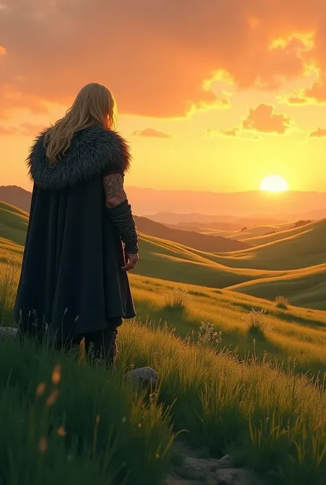 The main character from the vinland saga is blond watching the sunset,and green grass all around