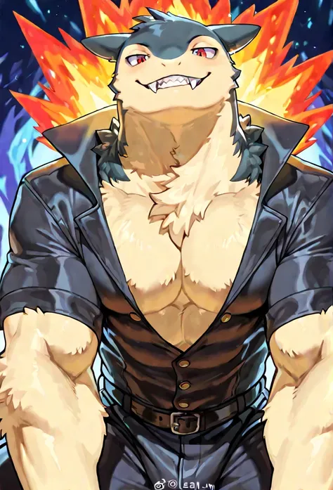 Solo, male typhlosion (fluffy fur, lean body, anthropomorphic typhlosion, tall, dominant, muscular, smiling), accurate anatomy, typhlosion looking at viewer seducticely, on top of viewer, low pov, viewer is a human, clothed, sharp fangs, black fur