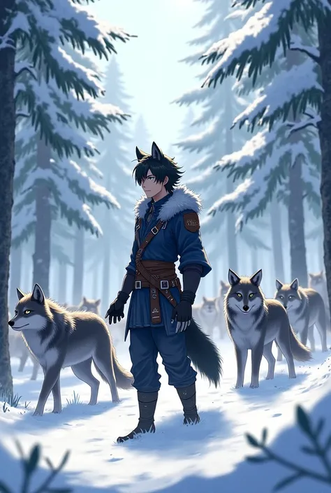  male anime character , dressed as a wolf ,  black hair,  in a snowy forest full of wolves