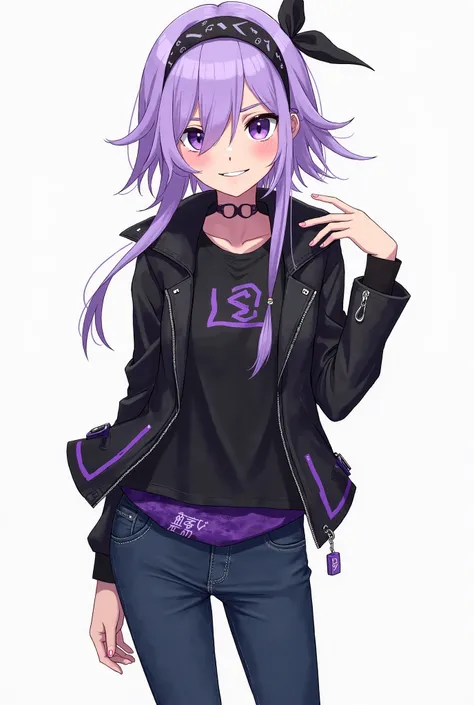 "A young, energetic female character with a futuristic otaku-inspired style. She has lavender purple hair with lighter tips, styled in an asymmetrical cut with a longer fringe on one side, giving a dynamic, messy look. Her eyes are violet. She wears a fitt...