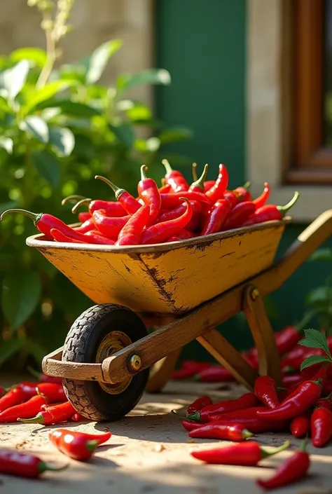 Yellow wheelbarrow with red chilli inside of it