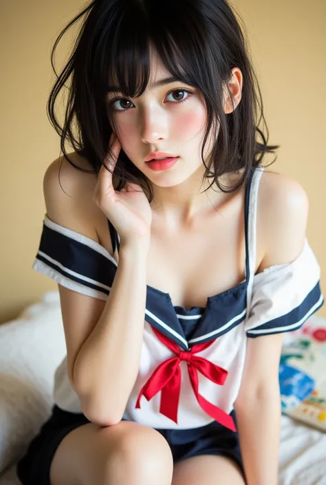 ((  top quality )), ((  Masterpiece)), (  Details), One girl is the best ,  sexy、  sailor suit  、  Big chest with eyes of a cross  、 new year 、  black hair、 (( miniskirt))、  beautiful girl、  red ribbon、  I can see cleavage 、ネイビーの  sailor suit  、  black kne...