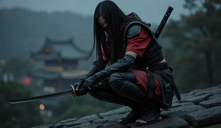 Full body view of Female shinobi looking down ready to action, crouching on an oriental roof , masked, visible long black hair, with katana, dark padded outfit with leather and metallic accessories, barefoot, black and red, dark tones, muted colors, high c...