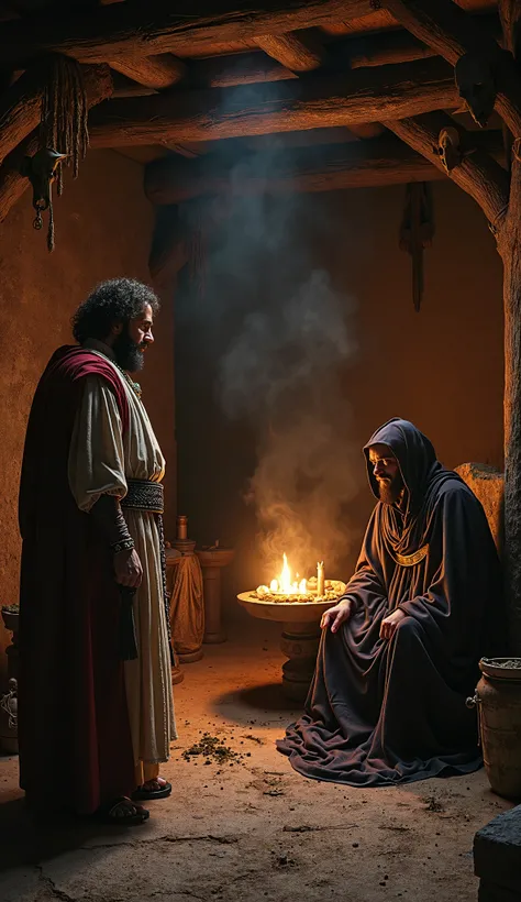 A tense meeting between King Saul and the Witch of Endor in her dimly lit hut. Saul, dressed in royal robes, looks anxious and desperate, while the Witch, cloaked and mysterious, gazes intently into a flickering flame. The room is filled with strange objec...